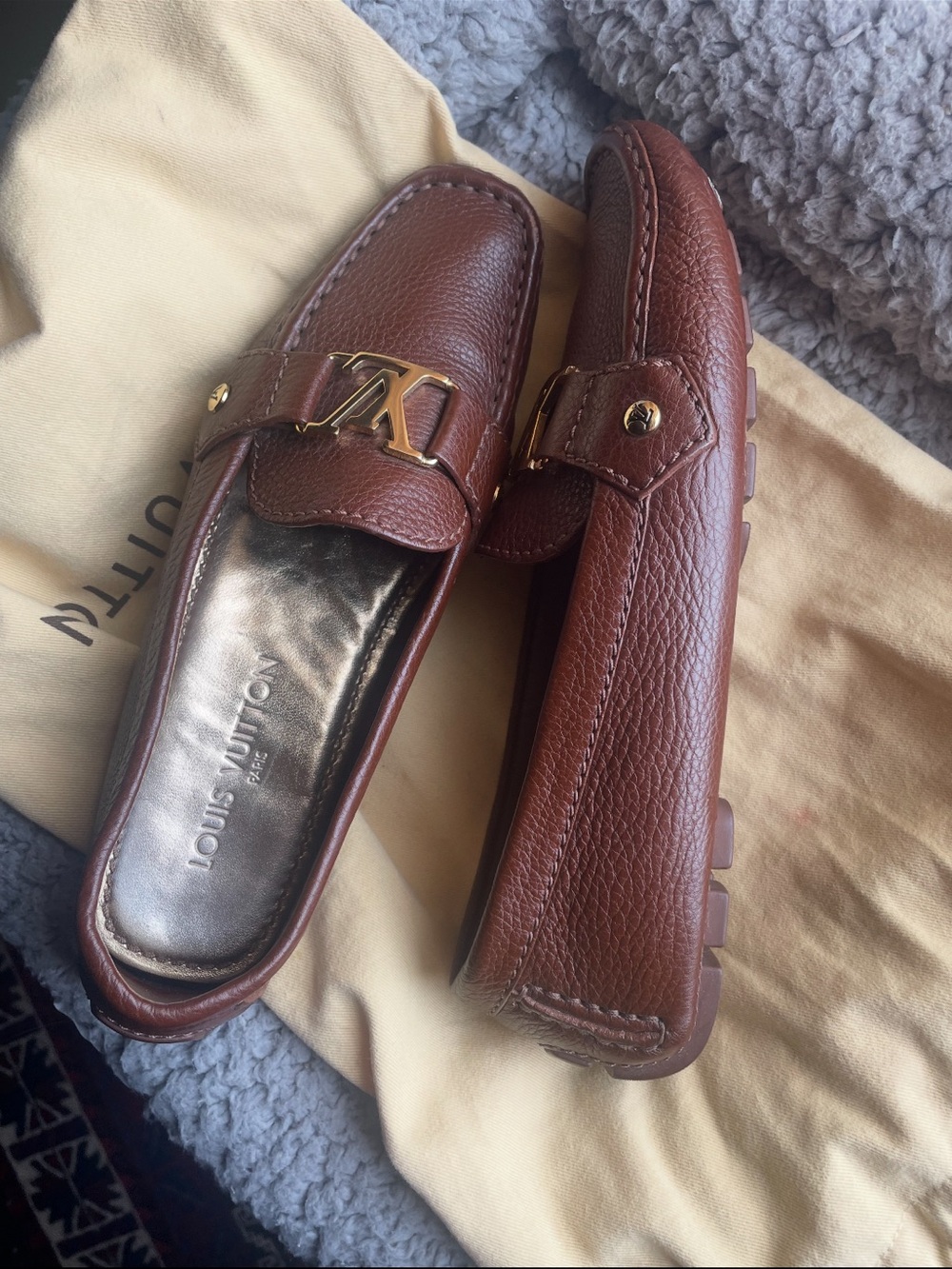 Louis Vuitton Brown Leather Moccasin Loafers with Gold LV Buckle